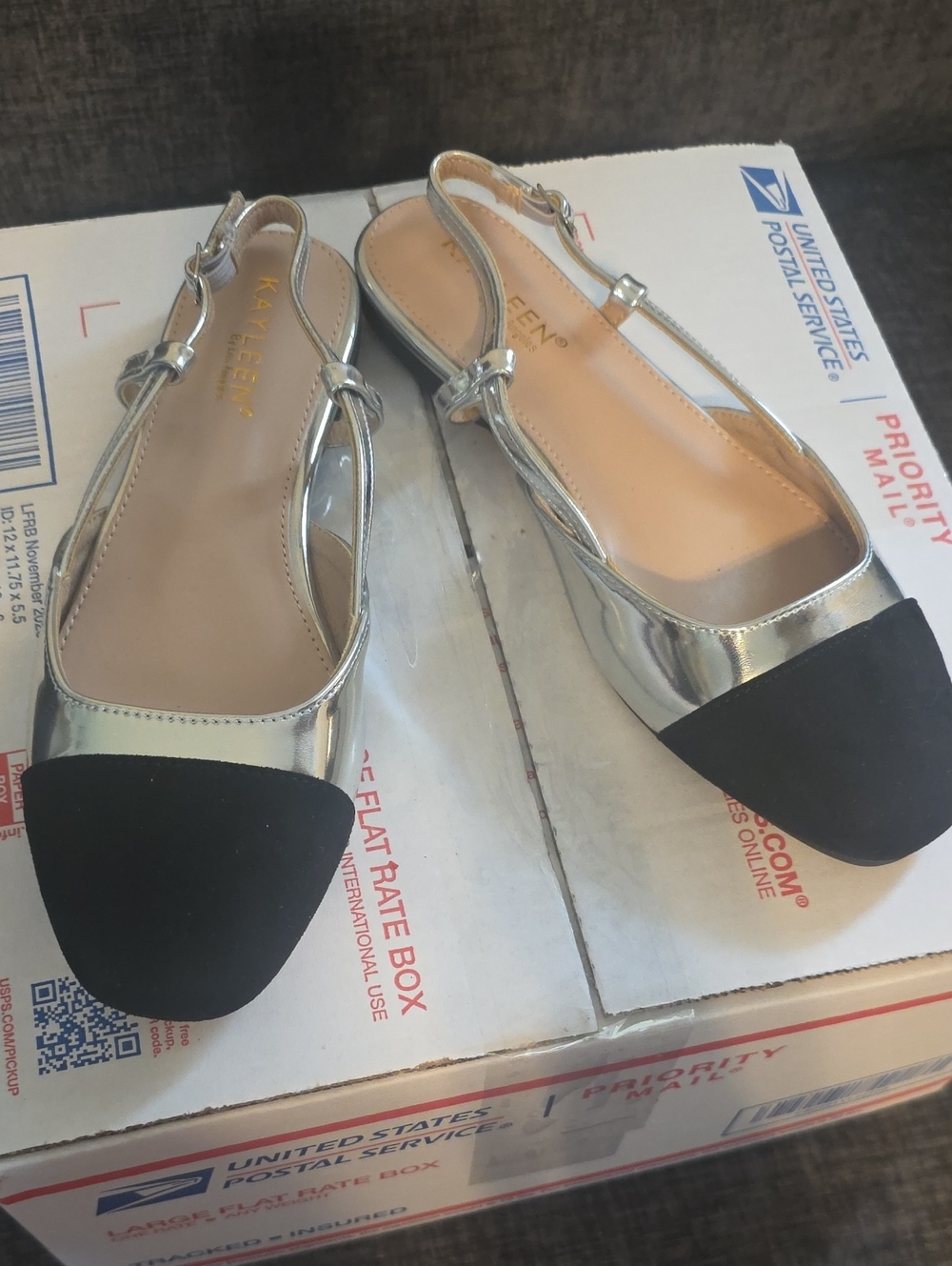 Silver and Black Slingback Flats - Women's Fashion Shoes